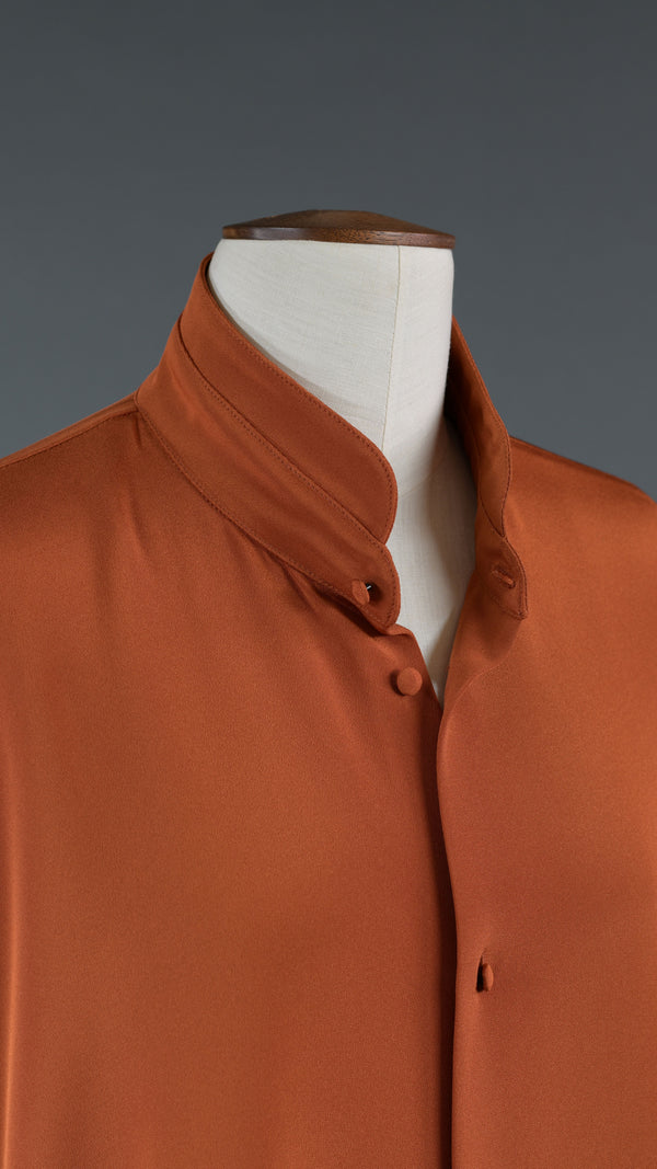 Eskandar Silk Wide Longer Back Double Stand Collar Shirt - Mid Plus