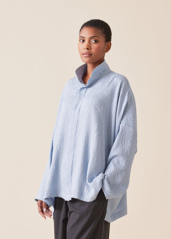 Eskandar Silk Wide Longer Back Double Stand Collar Shirt - Mid Plus