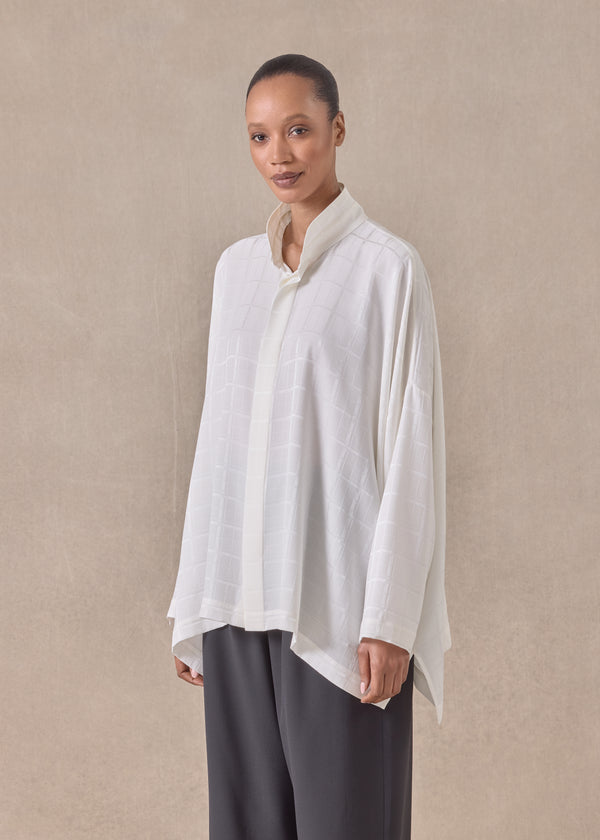 Eskandar Silk Wide Longer Back Double Stand Collar Shirt - Mid Plus