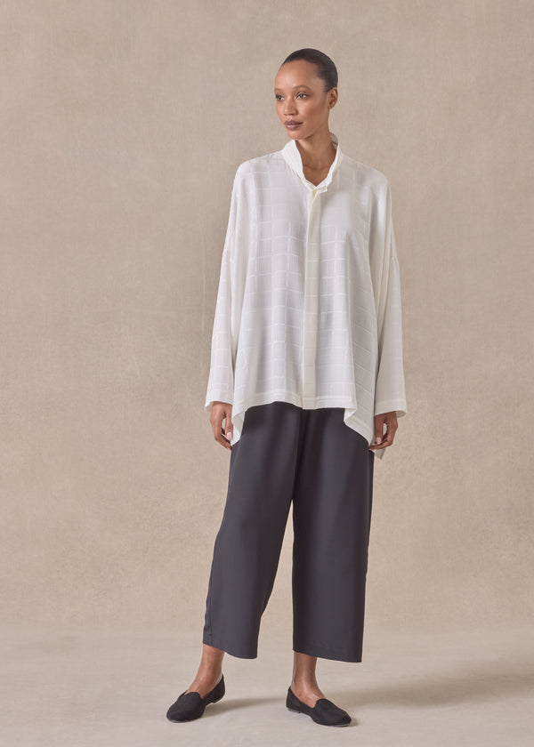 eskandar silk wide longer back double stand collar shirt - mid plus