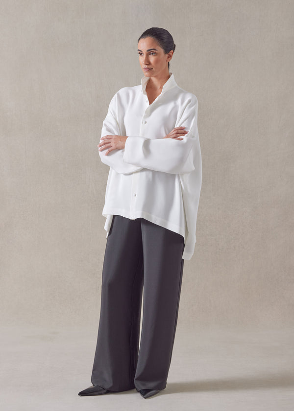 eskandar silk wide longer back double stand collar shirt - mid plus