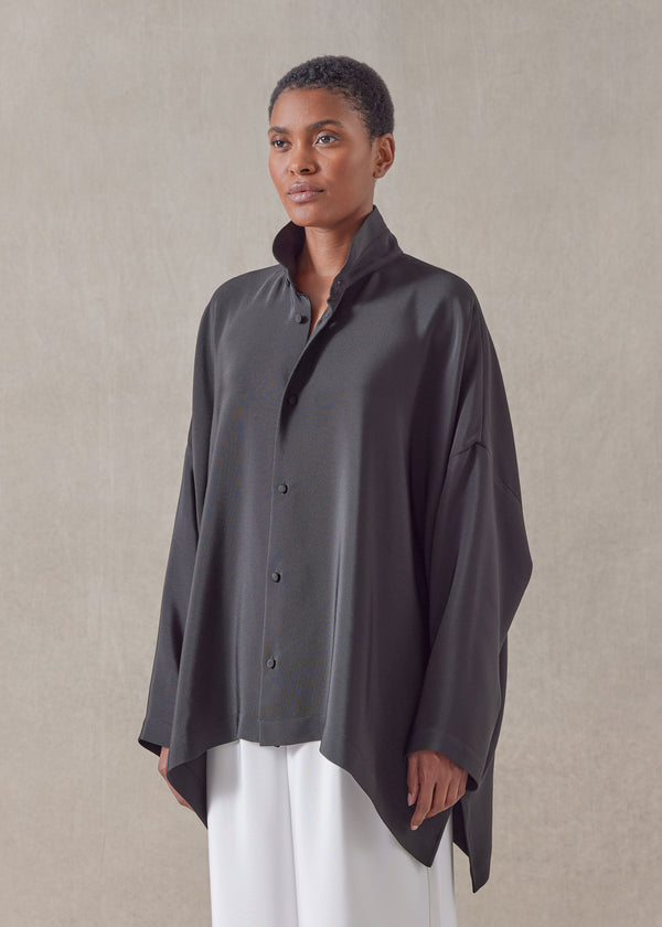 Eskandar Silk Wide Longer Back Double Stand Collar Shirt - Mid Plus