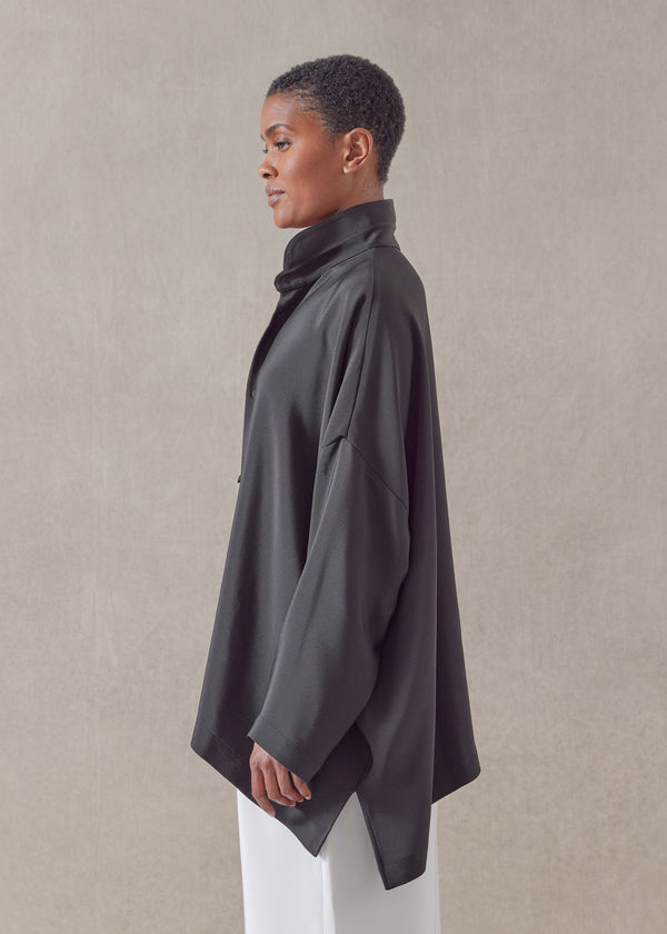 Eskandar Silk Wide Longer Back Double Stand Collar Shirt - Mid Plus