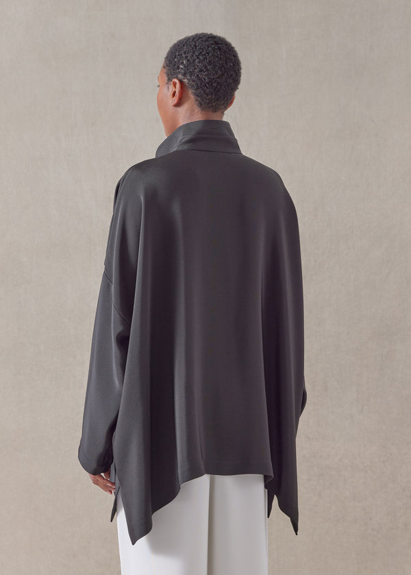 Eskandar Silk Wide Longer Back Double Stand Collar Shirt - Mid Plus