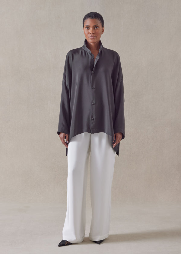 eskandar silk wide longer back double stand collar shirt - mid plus