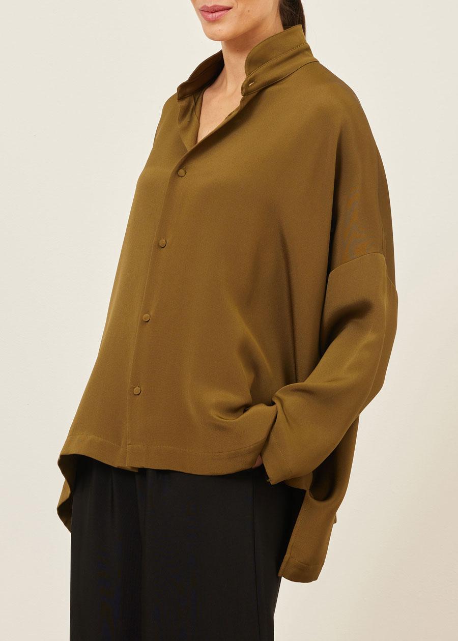 Eskandar Silk Wide Longer Back Double Stand Collar Shirt - Mid Plus