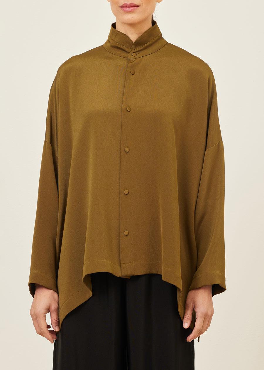 Eskandar Silk Wide Longer Back Double Stand Collar Shirt - Mid Plus