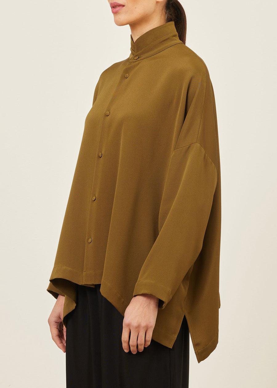 eskandar silk wide longer back double stand collar shirt - mid plus