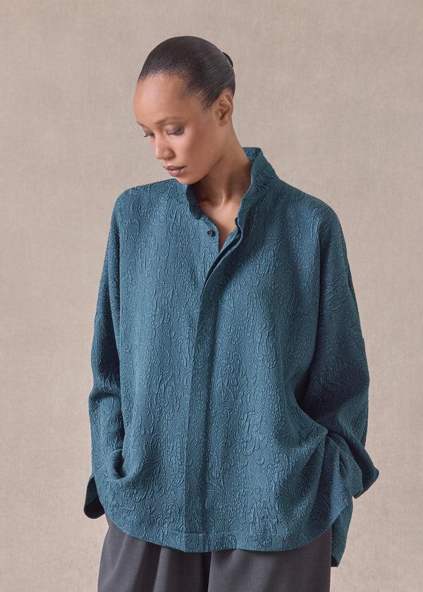 eskandar silk wide longer back double stand collar shirt - mid plus