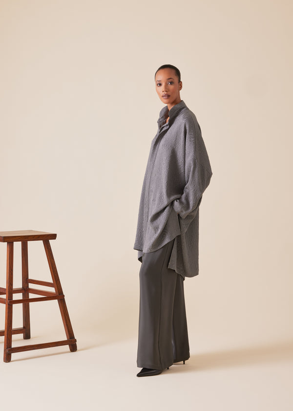 Eskandar Silk Wide Longer Back Double Stand Collar Shirt - Very Long With Slits