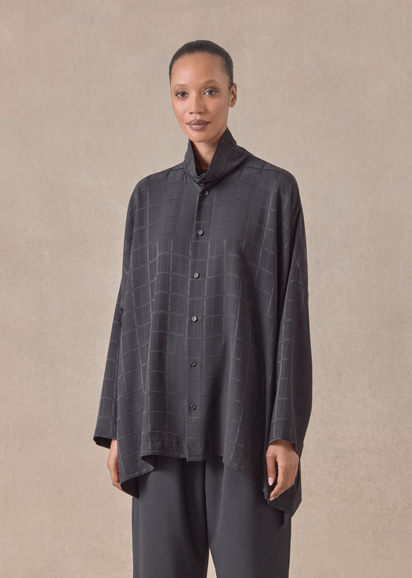 Eskandar Silk Wide Longer Back Scrunch Neck Shirt - Long