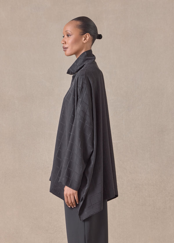 Eskandar Silk Wide Longer Back Scrunch Neck Shirt - Long