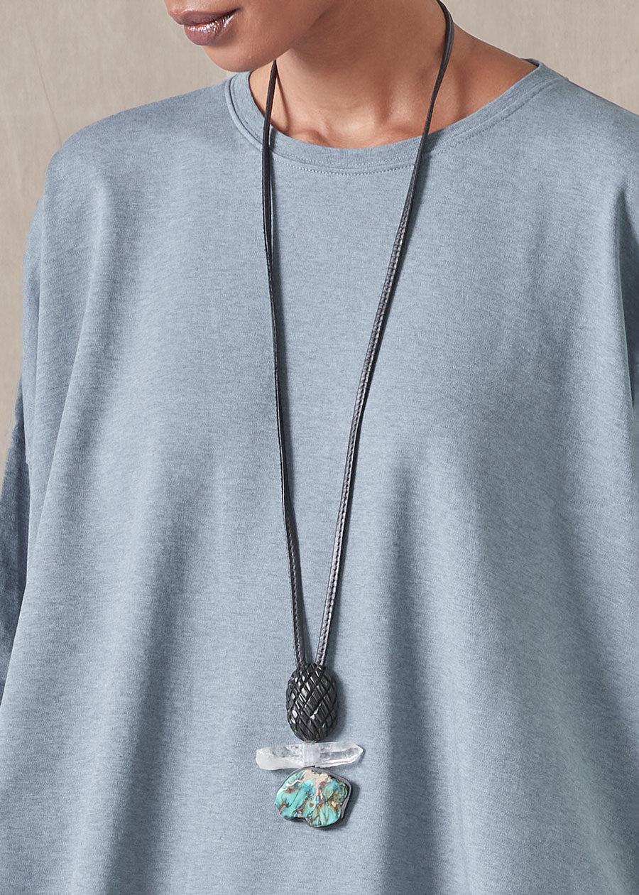 Eskandar Three Part Stone Crystal & Carved Kamagong Wood Pineapple Pendant