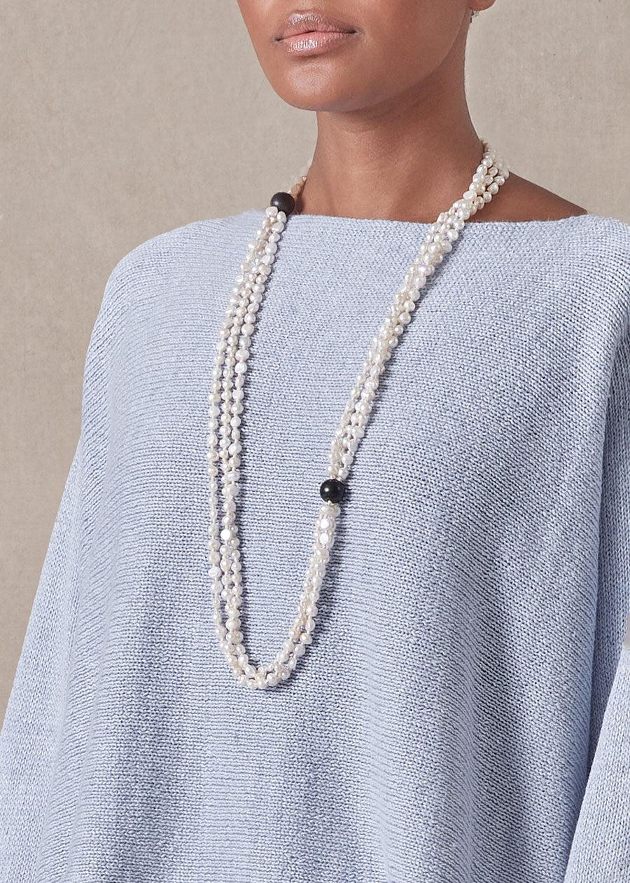 Eskandar Triple Strand Pearl Necklace With Wooden Bead Detail