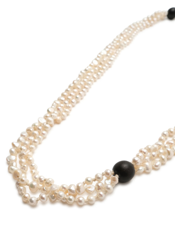 Eskandar Triple Strand Pearl Necklace With Wooden Bead Detail