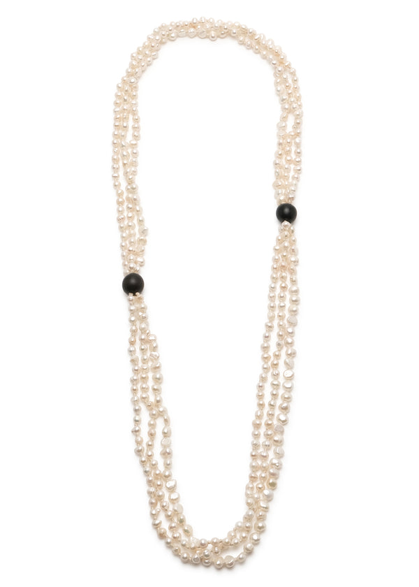 eskandar triple strand pearl necklace with wooden bead detail