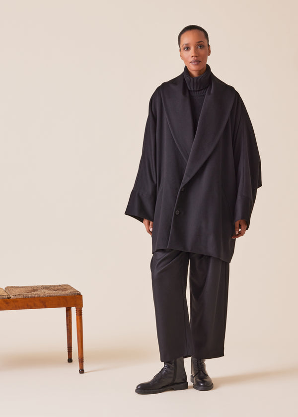 Eskandar Wool Cashmere Mix Sloped Shoulder Shawl Collar Cuffed Coat - Long Plus