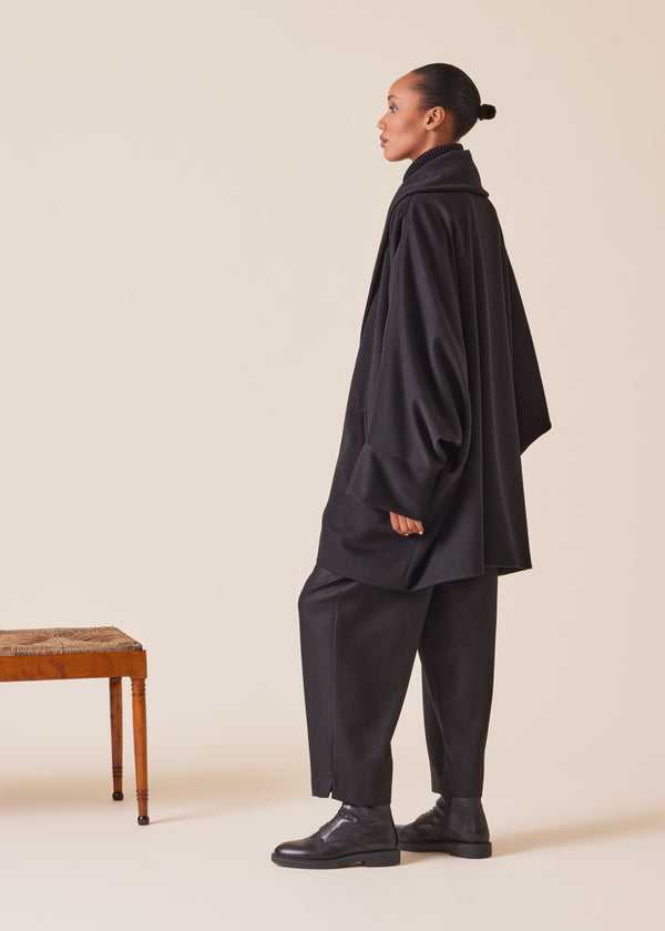 Eskandar Wool Cashmere Mix Sloped Shoulder Shawl Collar Cuffed Coat - Long Plus