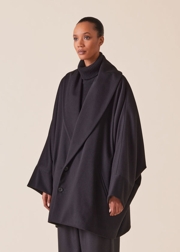 eskandar wool cashmere mix sloped shoulder shawl collar cuffed coat - long plus