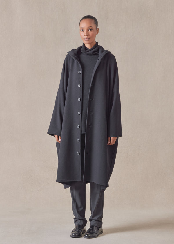 Eskandar Wool Cashmere Mix Wide Hooded Buttoned Coat - 3/4 Length