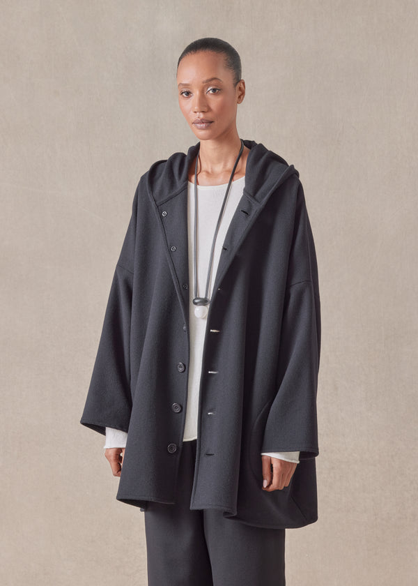 Eskandar Wool Cashmere Mix Wide Hooded Buttoned Coat - Long Plus