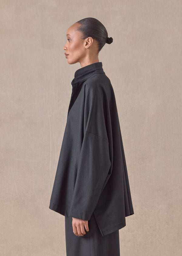 Eskandar Wool Cashmere Mix Wide Longer Back Shirt With Double Stand Collar - Mid Plus