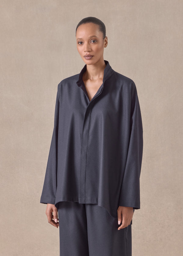 Eskandar Wool Cashmere Mix Wide Longer Back Shirt With Double Stand Collar - Mid Plus