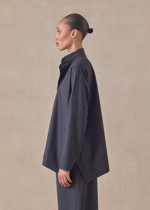 Eskandar Wool Cashmere Mix Wide Longer Back Shirt With Double Stand Collar - Mid Plus