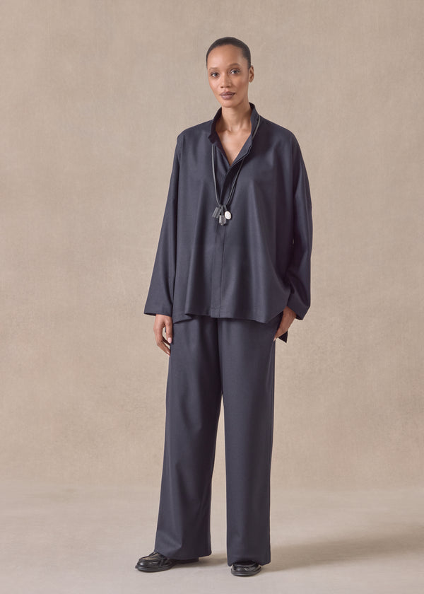 eskandar wool cashmere mix wide longer back shirt with double stand collar - mid plus