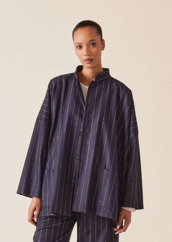 Eskandar Wool Cashmere Mix Wide Mandarin Jacket - Long