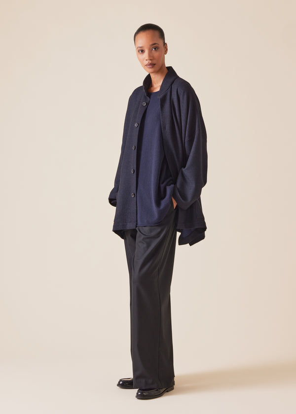 Eskandar Wool Cashmere Mix Wide Open Stand Collar Jacket - Long