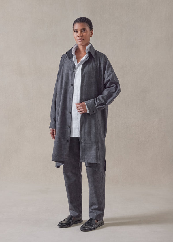 Eskandar Wool Linen Wide A-line Shirt Jacket With Collar - Very Long With Slits