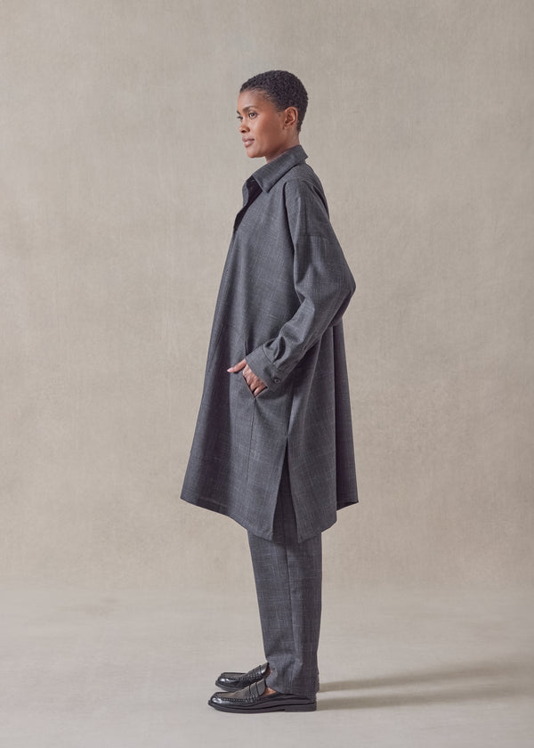 Eskandar Wool Linen Wide A-line Shirt Jacket With Collar - Very Long With Slits