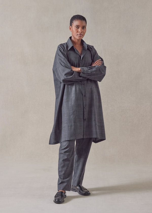 eskandar wool linen wide a-line shirt jacket with collar - very long with slits