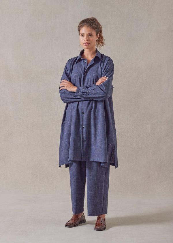 eskandar wool linen wide a-line shirt jacket with collar - very long with slits
