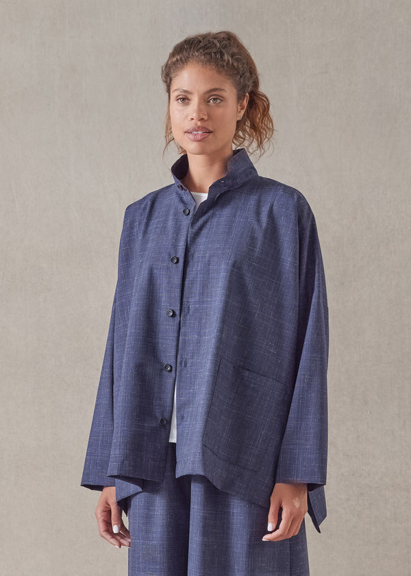 Eskandar Wool Linen Wide Longer Back Double Stand Collar Shirt Jacket - Mid Plus