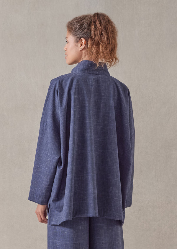 Eskandar Wool Linen Wide Longer Back Double Stand Collar Shirt Jacket - Mid Plus