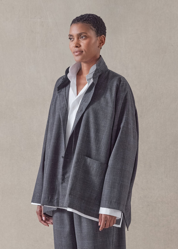 Eskandar Wool Linen Wide Longer Back Double Stand Collar Shirt Jacket - Mid Plus
