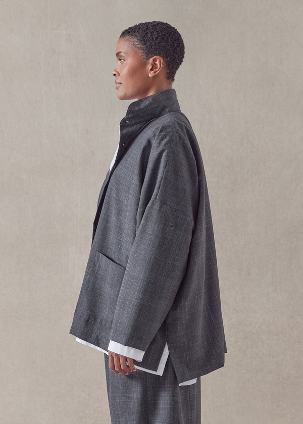 Eskandar Wool Linen Wide Longer Back Double Stand Collar Shirt Jacket - Mid Plus