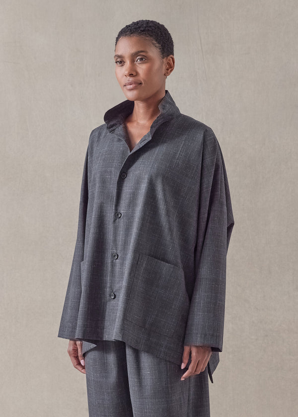 Eskandar Wool Linen Wide Longer Back Double Stand Collar Shirt Jacket - Mid Plus