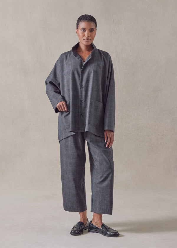 eskandar wool linen wide longer back double stand collar shirt jacket - mid plus