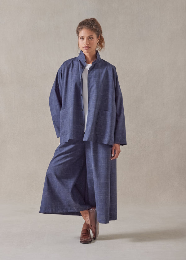 eskandar wool linen wide longer back double stand collar shirt jacket - mid plus