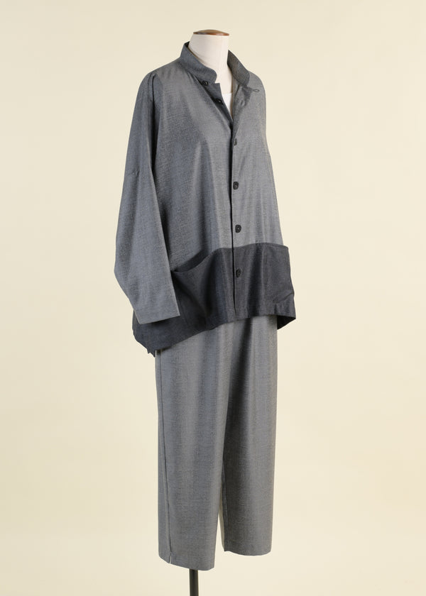 Eskandar Wool Silk Mix Longer Back Wide Mandarin Jacket With Contrast Edge And Pouch Pockets - Long