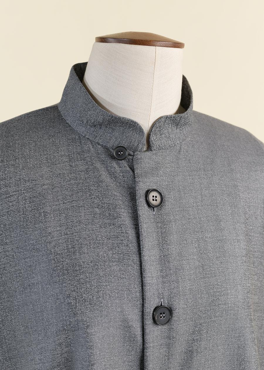 Eskandar Wool Silk Mix Longer Back Wide Mandarin Jacket With Contrast Edge And Pouch Pockets - Long