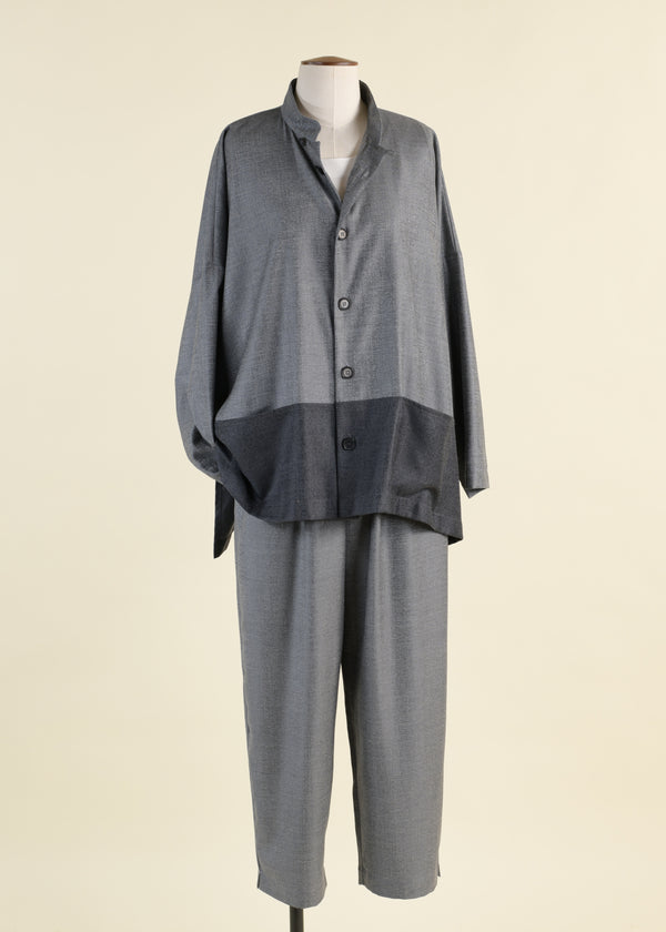 Eskandar Wool Silk Mix Longer Back Wide Mandarin Jacket With Contrast Edge And Pouch Pockets - Long