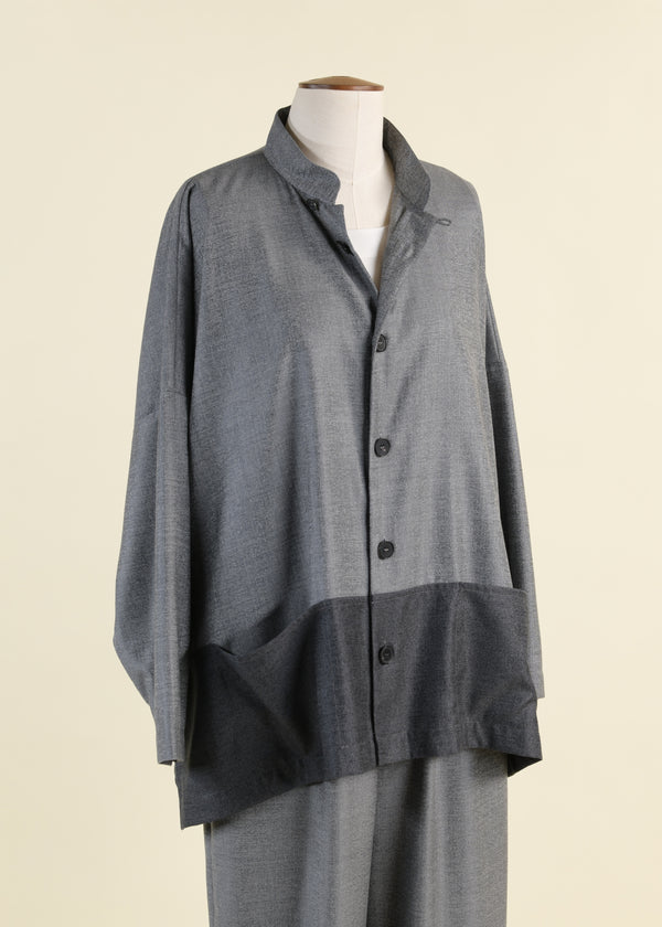 eskandar wool silk mix longer back wide mandarin jacket with contrast edge and pouch pockets - long
