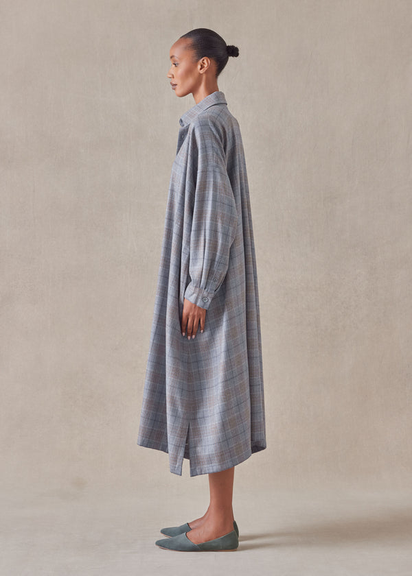 Eskandar Wool Silk Mix Wide A-line Shirt Dress With Collar