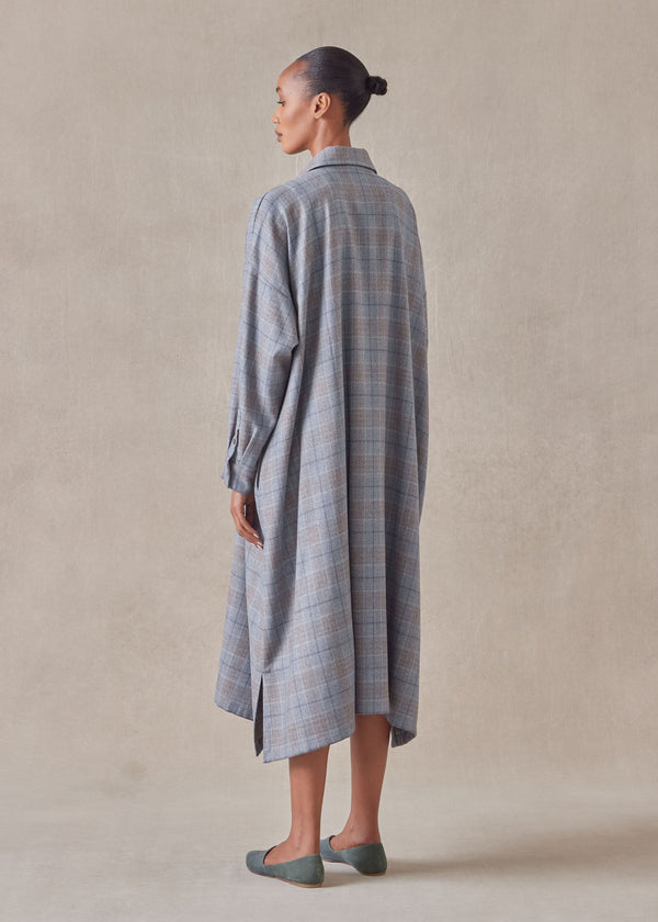 Eskandar Wool Silk Mix Wide A-line Shirt Dress With Collar
