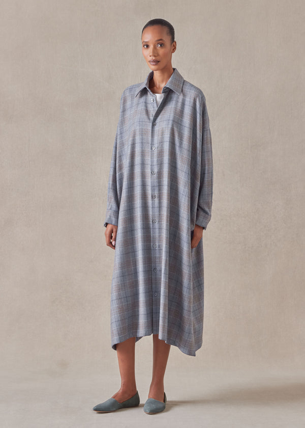 eskandar wool silk mix wide a-line shirt dress with collar