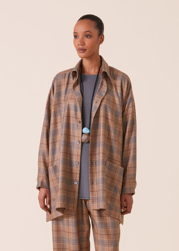 eskandar wool silk mix wide a-line shirt jacket with collar - long